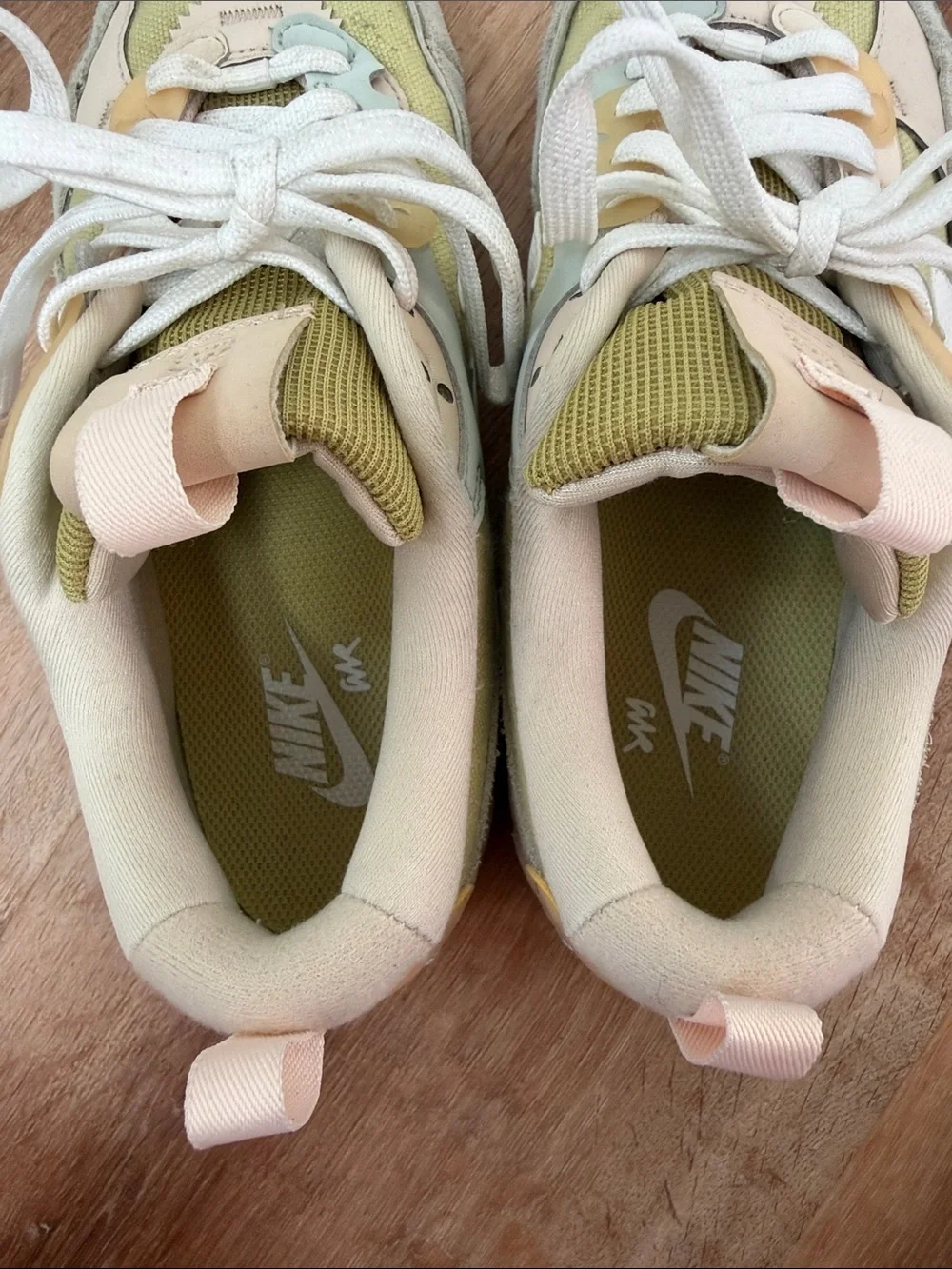 Nike Air Max Low-Top Sneakers in Olive Green, Cream, and Pale Yellow